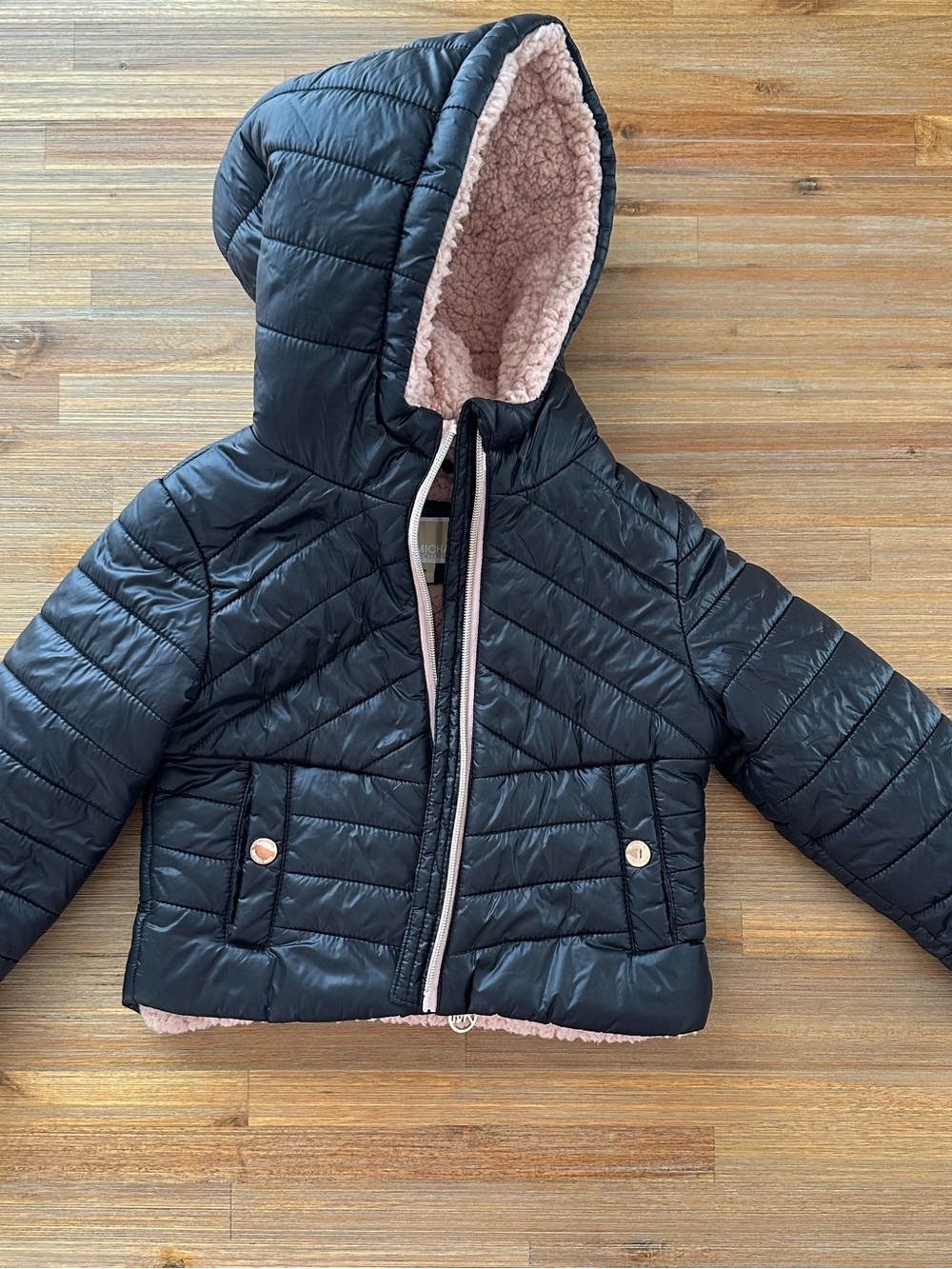 Michael Kors Black Puffer Jacket with Pink Sherpa Hood